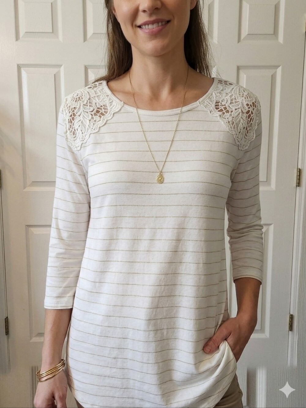 Chico's Zenergy Collection White Striped Lace Tunic